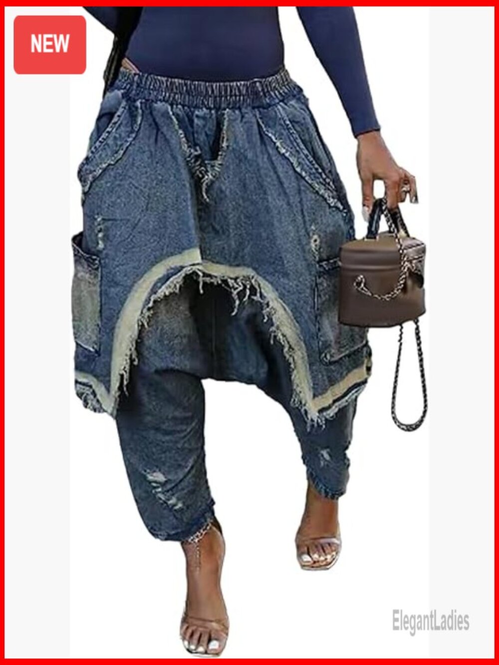 High Waist Elastic Harem Jeans Baggy Patchwork Denim Pants Distressed